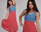 Vintage 80s FLORAL & DENIM Sun Dress Americana Maxi