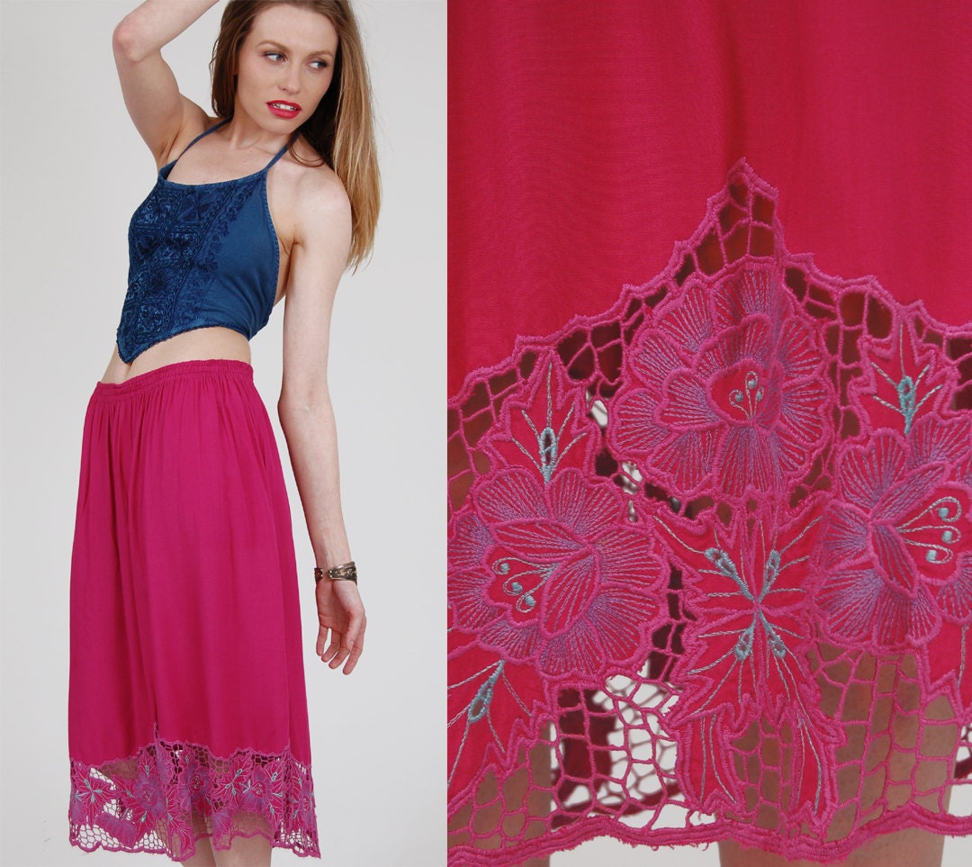Vintage 80s Fuchsia MESH Skirt Island FLORAL Open Weave Trim S/M