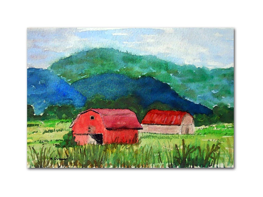 Red Barns painting 8x10 reproduction print from original watercolor rustic mountains summer wall decor