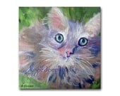 Cat Portrait Art 8x8 print from original painting feline kitty benefits animal welfare olive green lavender home decor