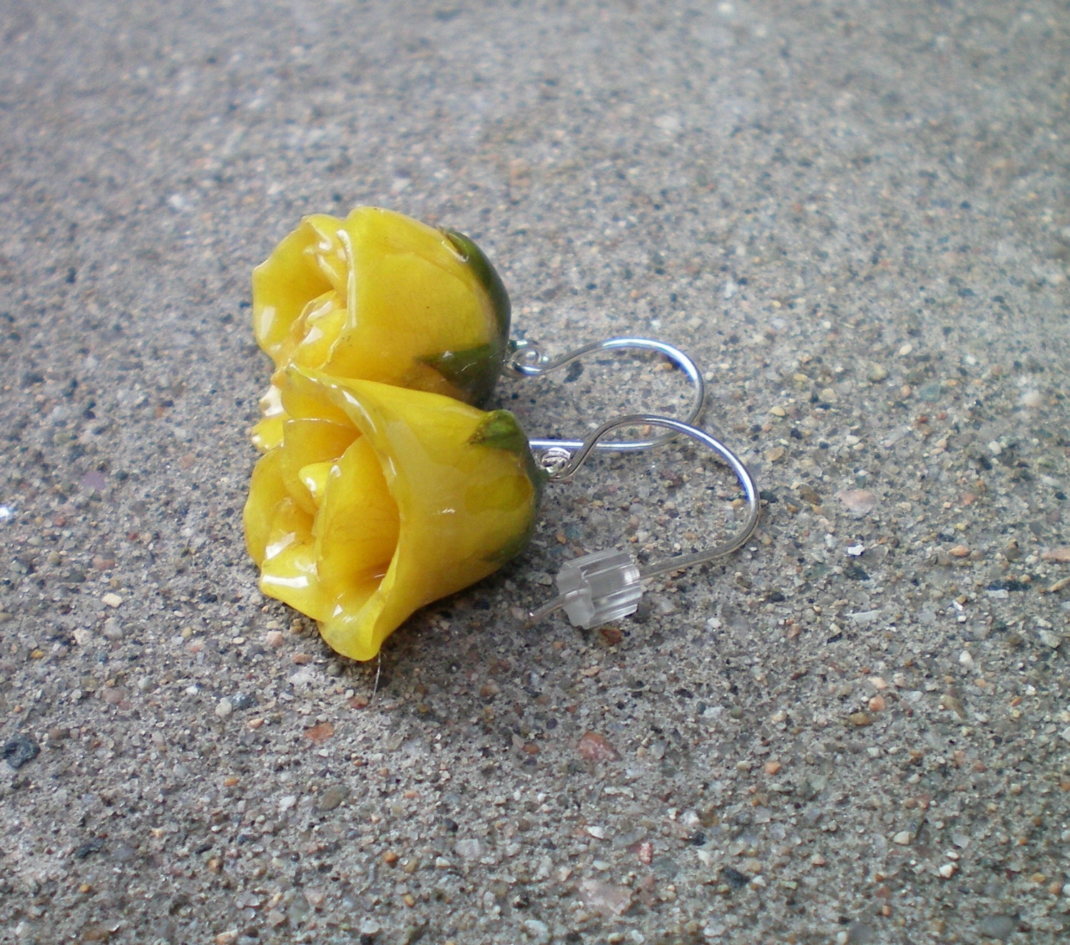 REAL Yellow ROSEBUD Sterling Silver Dangle French Hook Earrings