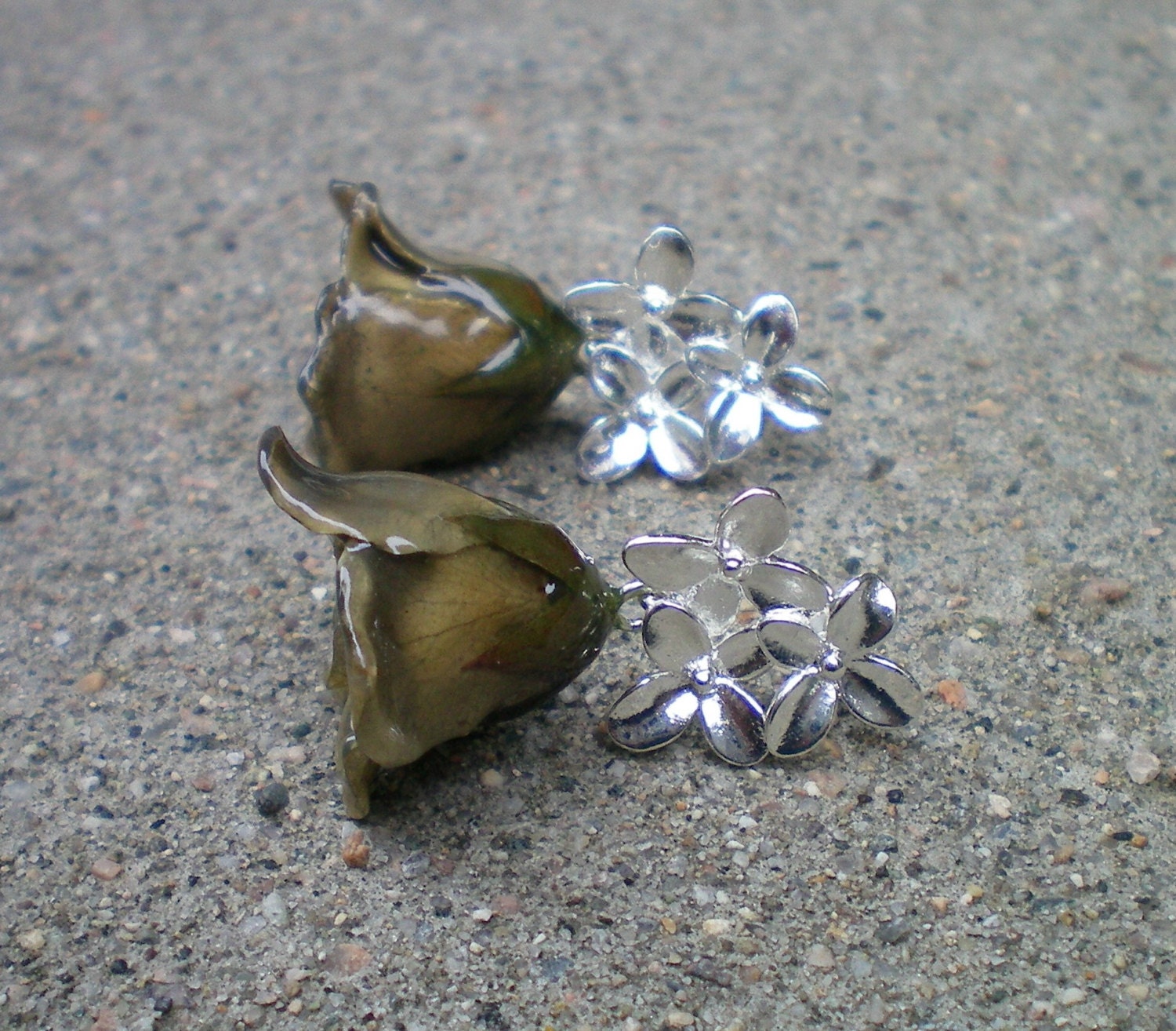 REAL Grey ROSEBUD Sterling Silver Dangle Post Earrings