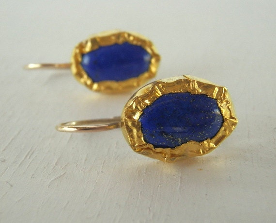 Blue Lapis 24K Solid Gold Bezel Set Earrings, Oval Lapis Earrings, Gemstone Earrings, Gold Earrings, Hammered Earrings, Fine Jewelry