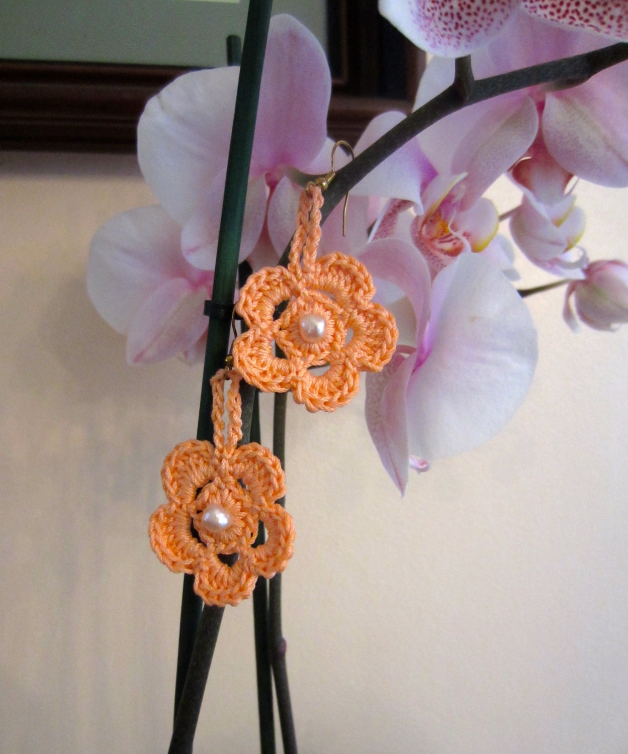 Crochet Flower Dangling Earrings,  French Cotton &  Fresh Water Pearls,Trendy,  Women, Teens