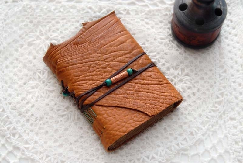 Handbound Leather Journal, Rustic, Orange, Tea Stained Recycled Pages, Medieval, OOAK - Pumpkin Spice