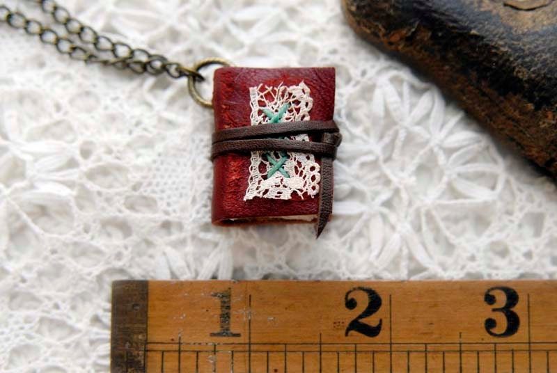 Ruby Red Boho - Handbound Wearable Book, Miniature, Red Vintage Leather, Tea Stained Pages, Antique Lace