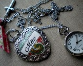 Portugal  Antique Tile Replica Necklace MOTHER'S DAY MAE, Ilhavo - Viana Folklore Scarf Fabric, Pocket Watch and Chita da Alcobaca - crosses