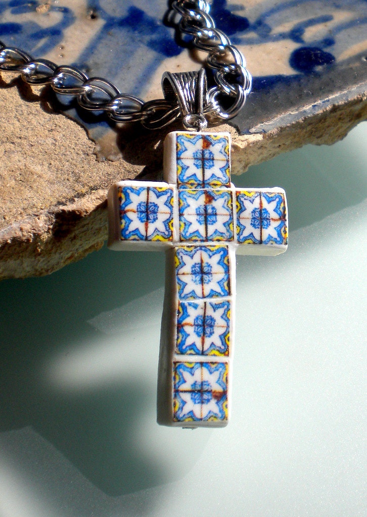 Portugal Yellow AZULEJO AntiqueTile Replica CROSS NECKLACE (see photo of actual facade)