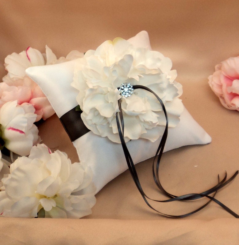 Romantic Peony Bloom Ring Bearer Pillow with Crystal Rhinestone Accents..shown in white/charcoal gray/ivory