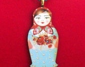 Red and Aqua Matryoshka Doll Pendant Necklace