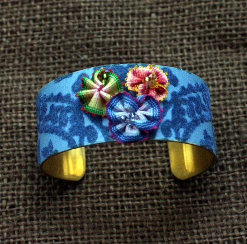 Royal Blue Flocked Vintage Wallpaper Cuff Bracelet with Fabric Rosette Embellishments