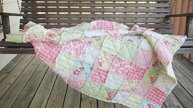 Rag Quilt Throw, Large, Oh My Sweet,  ALL NATURAL, fresh modern handmade, READY to ship, (( only one))