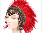 RESERVED DANI Charred Heart and American Minnie... Feather Headband in Deep Red and Charcol