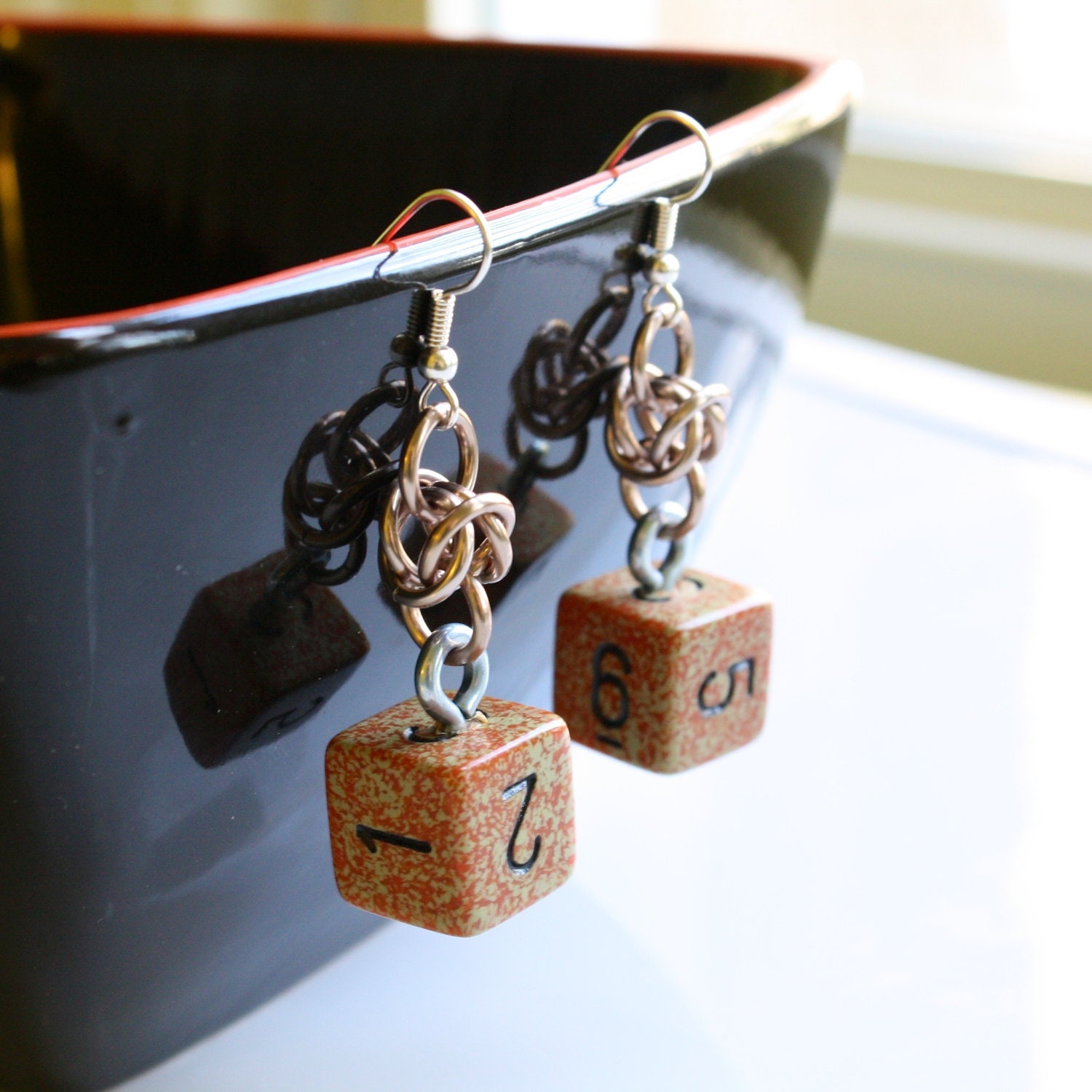 Rust and Bronze d6 Chainmail Earrings