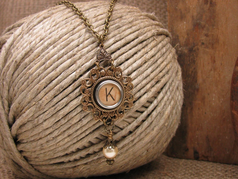 Typewriter Key Jewelry - Authentic Off White Initial  "K" Typewriter Key Brass Flower Filigree Necklace - Creamy Pearl