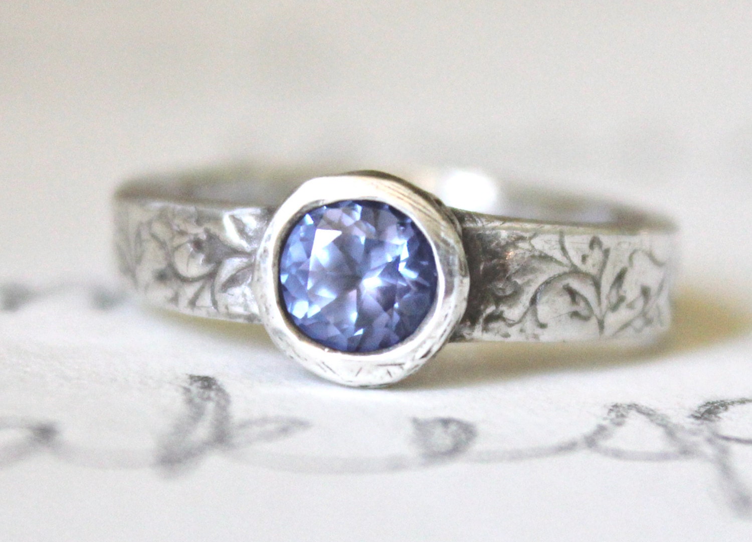alternative spinel engagement ring . natural purple gemstone ring . engraved leaf vine ring . secret message