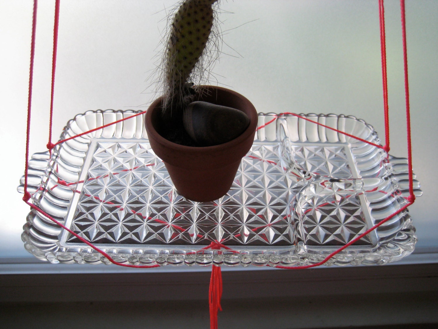Modern Macrame - hanging crystal shelf - glass plant holder display - neon nylon cord - vintage serving tray