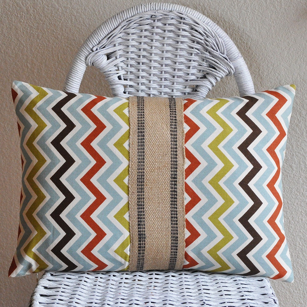 Chevron Zig Zag Chevron Decorative Pillow Cover Reversible to Paris Print with Natural Burlap Accent 14x20 Decor Fabric Invisible Zipper