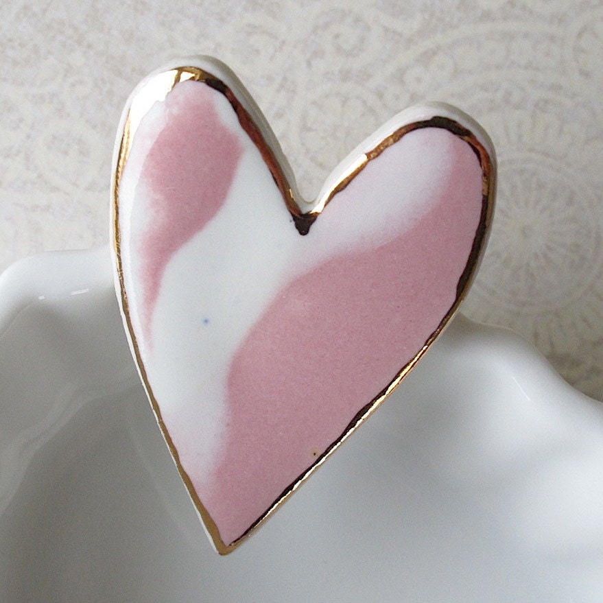 Porcelain Heart Brooch.  Rose Pink & Glossy White with 22K Gold Decoration.