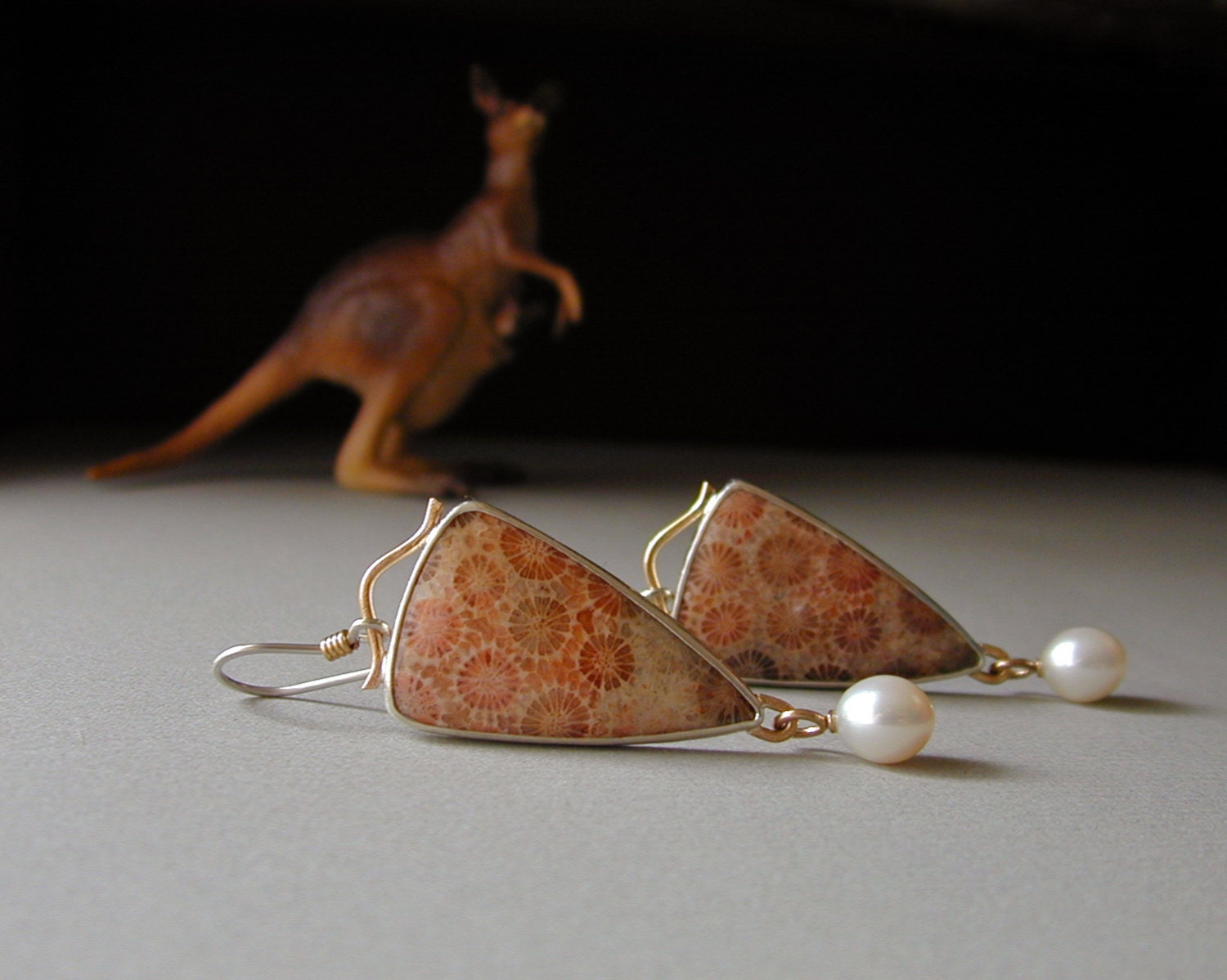 Fossil Coral Earrings, Pearl Drops, Sterling Silver, 14kt Gold, Elegant