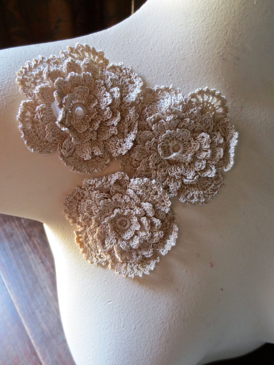 3 Crocheted Flower Appliques  in Natural Cotton for Baby Headbands, Hats, Crazy Quilts, Applique CFA 2