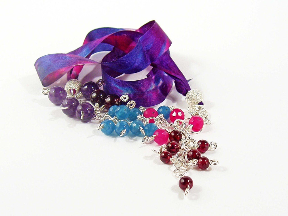 Silk Ribbon Wrap Bracelet with Beaded Ombre Cascade, Purple Grape Vine
