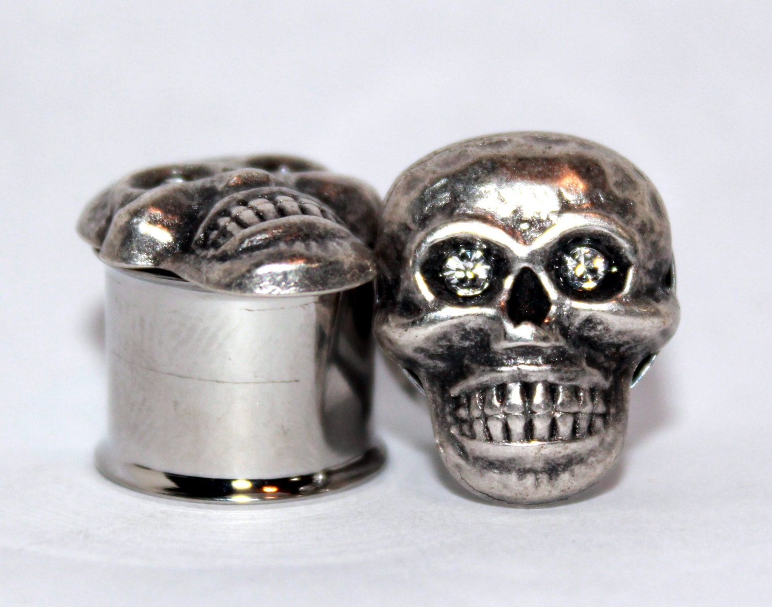Crystal Eye Skull Plugs 0g 00g  7/16 1/2 Inch 8mm 10mm 11mm 12mm