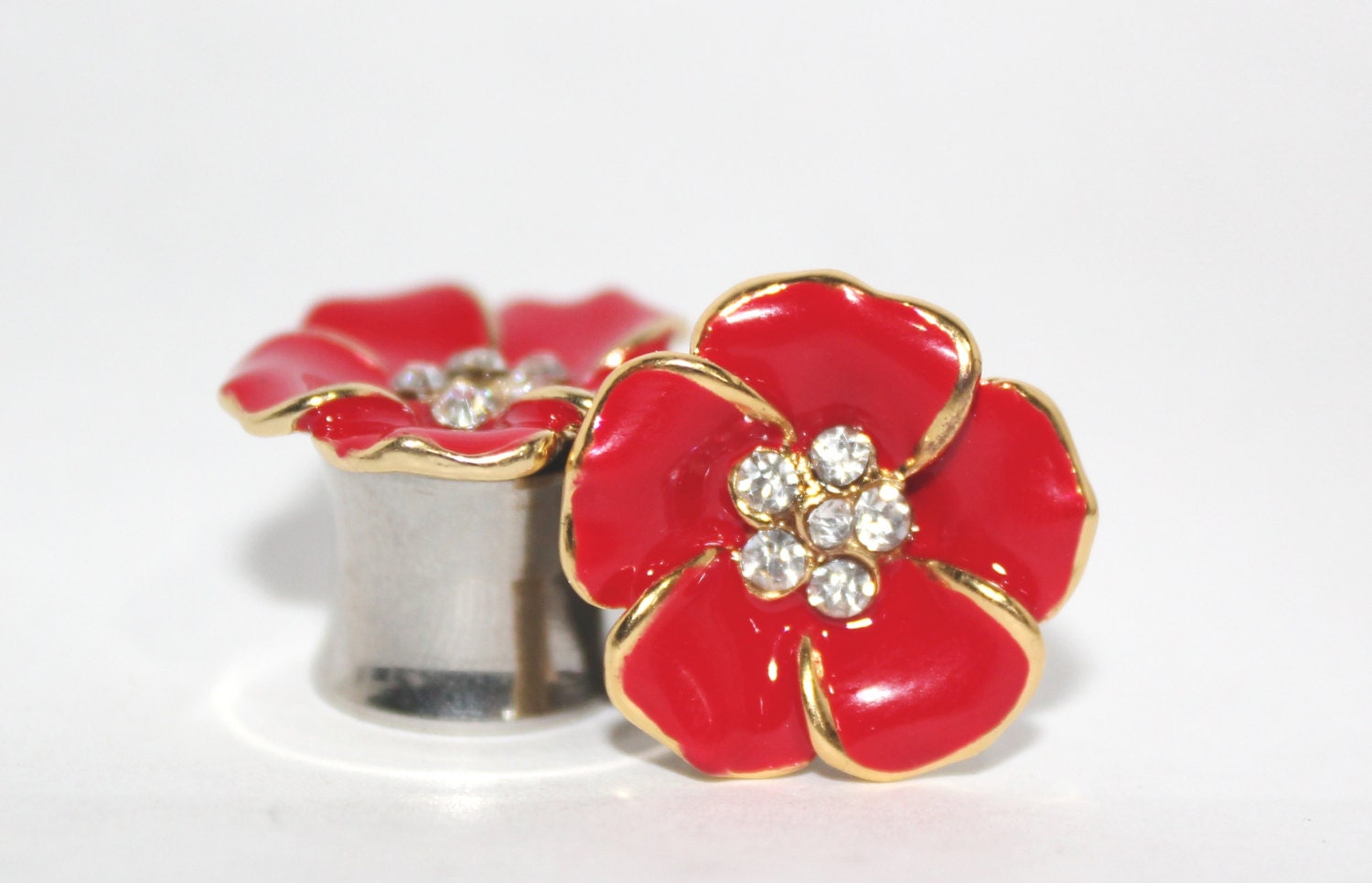 Beautiful Red And Gold Crystal Flower Plugs 0G 00G 7/16" 1/2" 9/16" 5/8"  00 Gauge 10mm 11mm 13mm 14mm 16mm