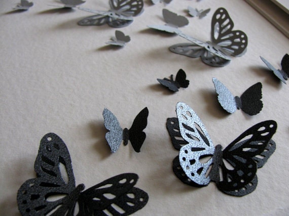 Shimmery 3D Layered Butterfly Art. Silver. Charcoal Gray. Anniversary. Wedding. Decor. 8x8 inches