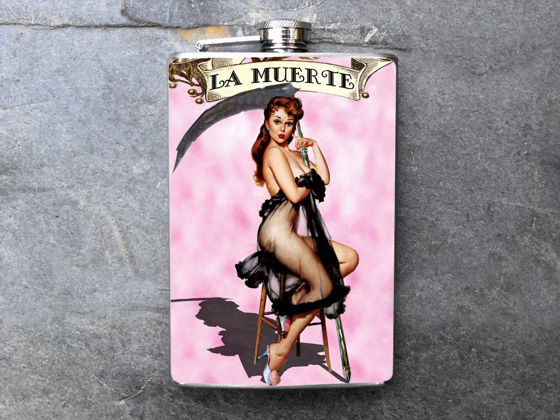 FN406 - Sexy loteria La Muerte Decorated 8oz. Stainless Steel Flask