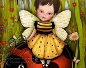 ACEO/ATC Artists Trading Card - "Journey" - Cute Little Bumblebee Fairy Baby sitting on a LadyBug - Fantasy Fairy Tale artwork