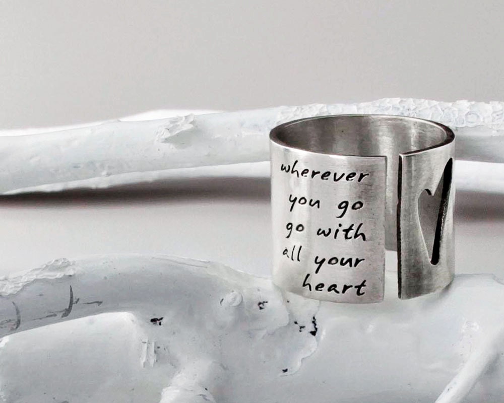 Modern Heart and Soul Ring- Hand Cut Open Heart with Custom Personalized Words, Quote or Lyrics