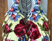 Green and pink floral print large recycled leather feather earrings