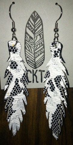 Black and white lace recycled skinny leather feather earrings