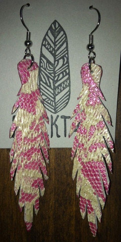 Pink and cream lace recycled skinny leather feather earrings
