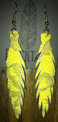 Yellow and grey lace recycled skinny leather feather earrings