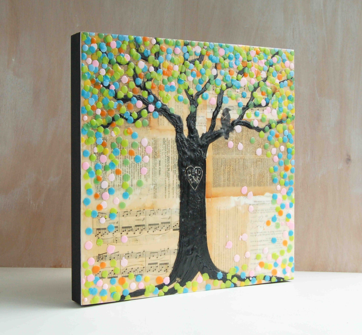 READING Tree Original Encaustic Mixed Media Painting I LOVE Reading