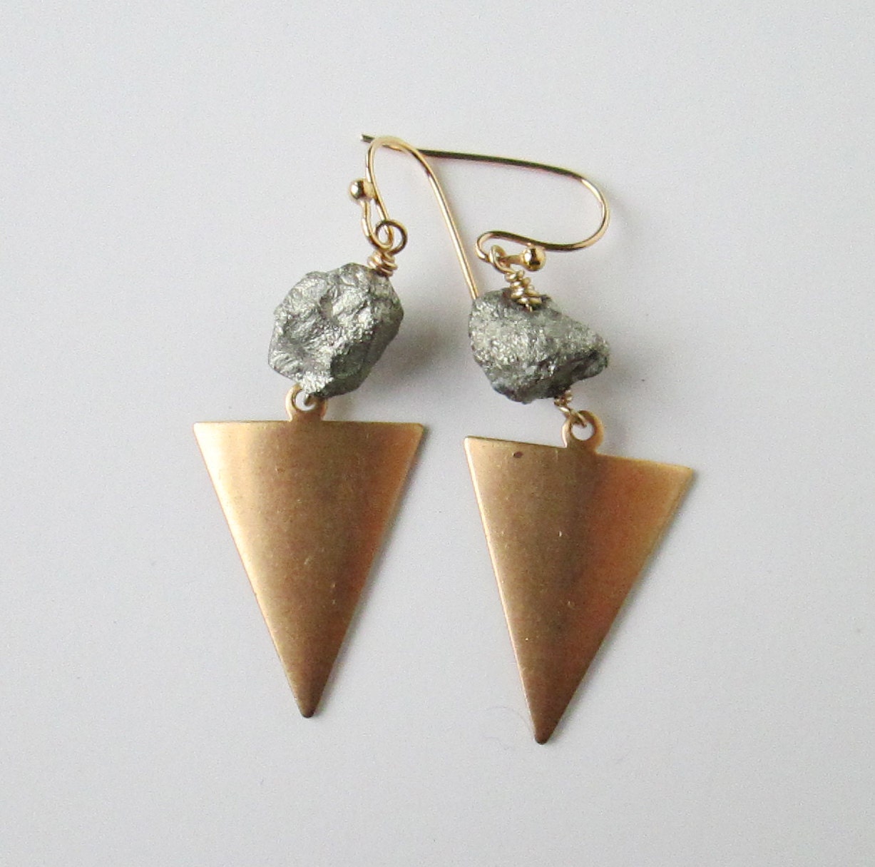 Pyrite and Brass Arrow Dangles. Gold Spike. Triangle Earrings. Pyrite nuggets.