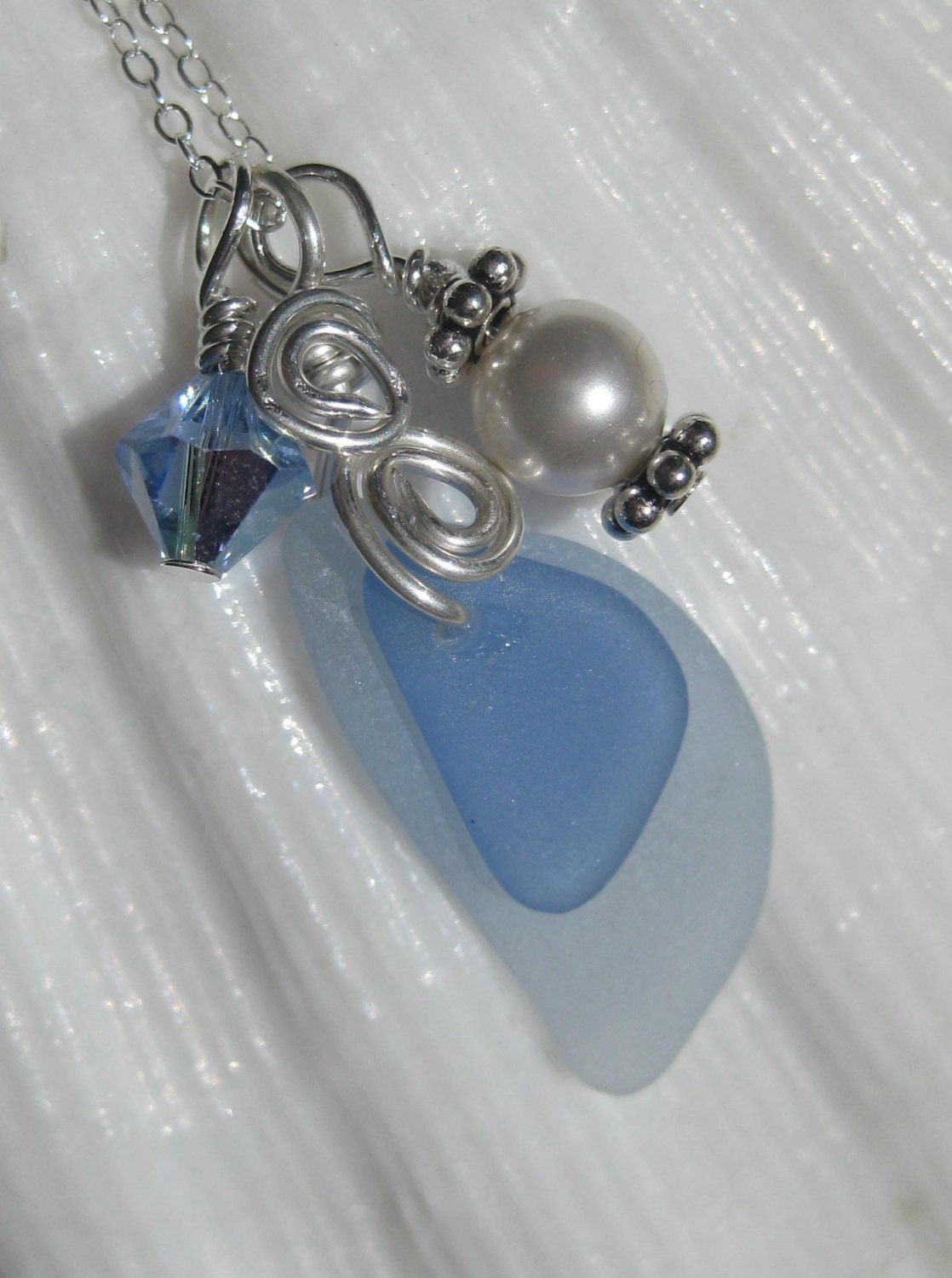 Sea Glass Necklace  Blue Seaglass -  A Lovely Duo Sea Glass Necklace Jewelry