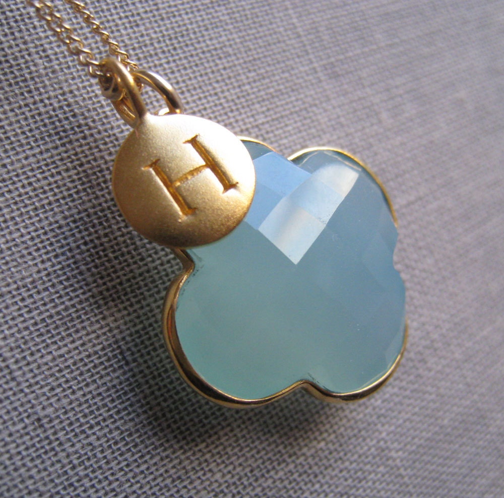 Personalized necklace, Aqua blue chalcedony and Initial charm necklace, Four leaf clover gemstone, NEW