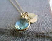 Personalized birthstone necklace, Aquamarine and initial disc necklace, Aquamarine quartz, March birthstone
