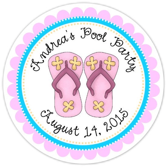 Pool Party Stickers, Birthday Labels, Personalized Pool Party Stickers, Birthday Decoration, Pool Party Favors, Flip Flops Party Favors