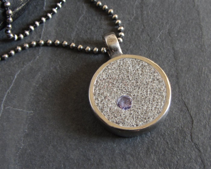 Bronze, concrete and cubic zirconia pendant necklace on sterling silver chain