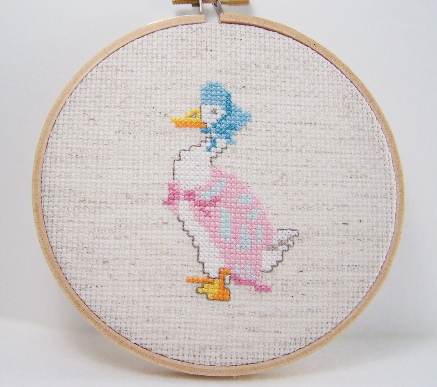 Beatrix Potter Hoop Art, Hand Embroidery, Cross Stitch Sampler, Cottage Chic, Nursery Wall Decor, Jemima Puddleduck