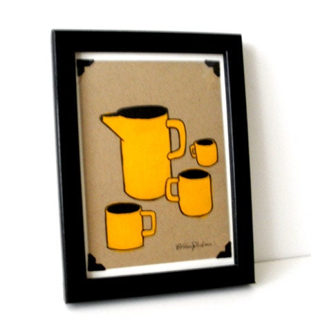 Bright Yellow Coffee Set Original Painting Framed