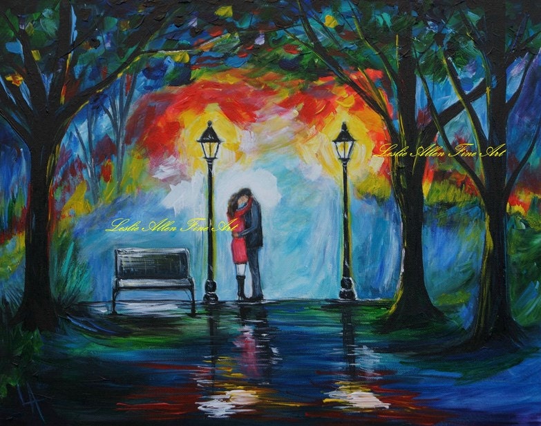 Couple Acrylic Original Painting  Couples Hugging Kissing Romantic Romance Loving Special Moment  "Then He Kissed Me" Leslie Allen Fine Art