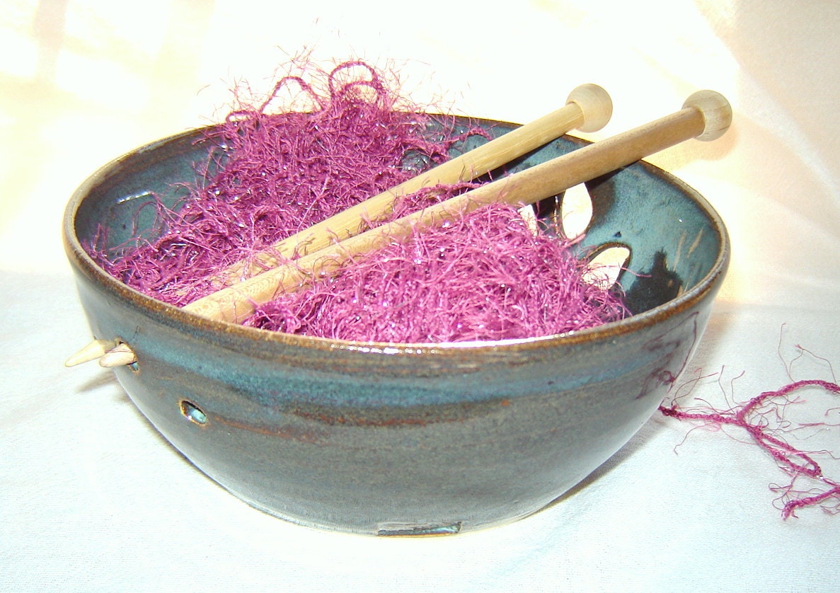 Teal Blue Knitting and Crochet Yarn Bowl and Holder With Leaf Cut Outs