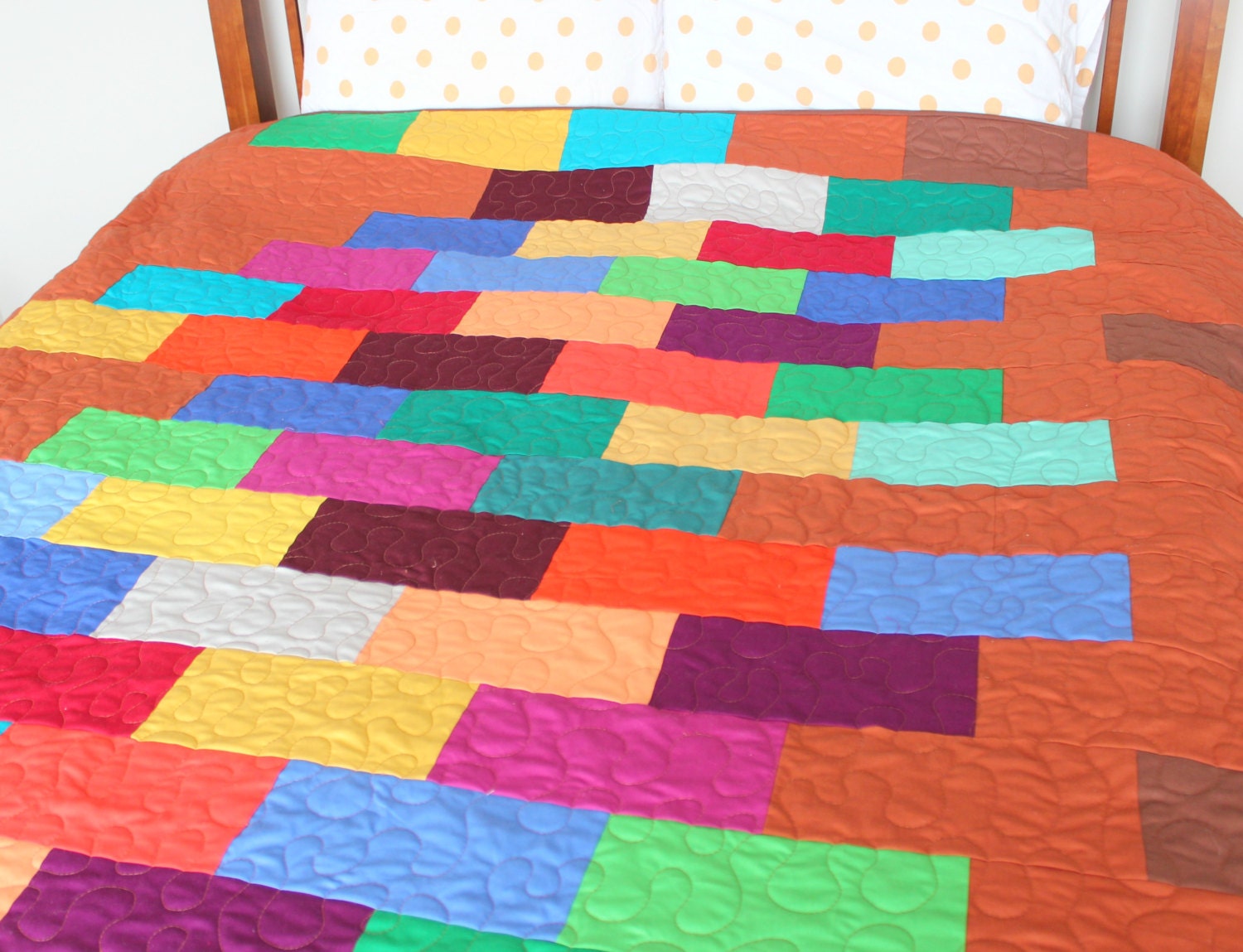 Modern Patchwork Bed Quilt - Queen, Full, Twin - Bright Bricks