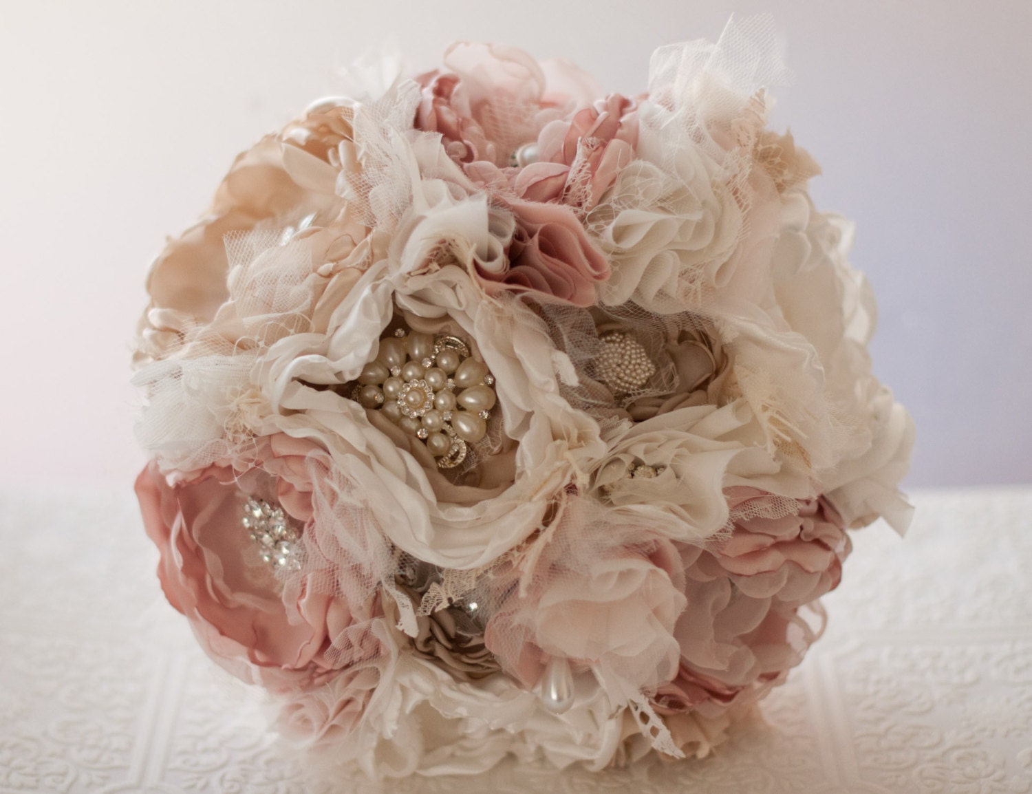 Fabric Flower Custom Wedding Bouquet, with rhinestone and pearl brooches, choose your colors