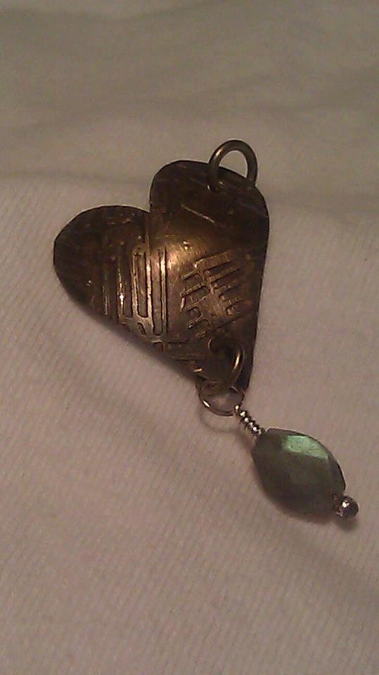 One of a kind etched brass, sterling silver and labradorite heart pendant